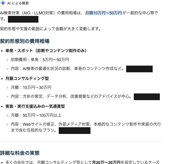 Google AI Overview が「AI検索対策の費用相場はいくらですか」に答えている実際の回答画面。契約形態別の相場は答えているが、出典として引かれているのは他社のページで、株式会社エディターキャンプの費用ページは入っていない。他社名は黒で塗りつぶしている。